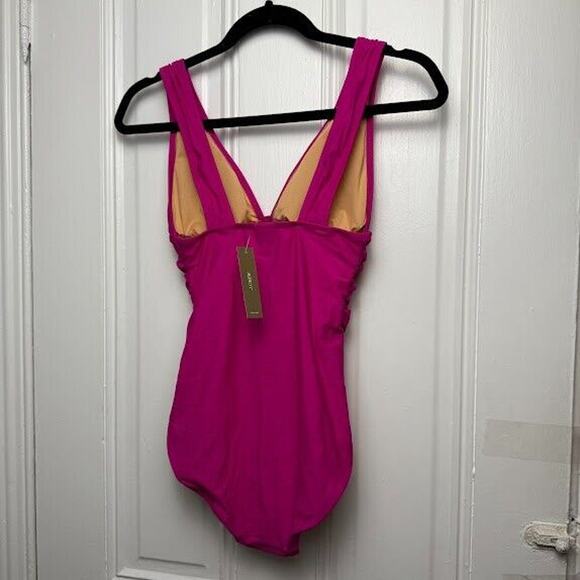 J Crew Swim Suit Womens 4 Fuscia Pink Ruched V Neck One Piece Cups Summer NWT - Picture 5 of 9